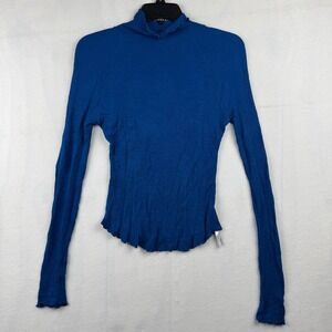 Free People Thermal Top Ruffle Trim Mock Neck‎ Long Sleeve Blue Women SP